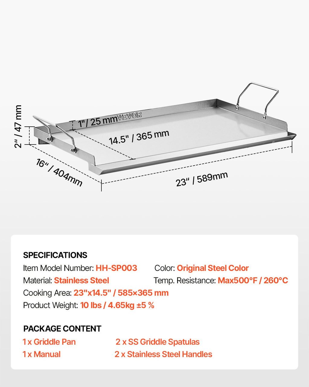VEVOR Stainless Steel Griddle, 23x16 inch Universal Flat Top Rectangular Plate, Gas Grill Griddle for BBQ Grill, Teppanyaki, Portable Family Cookware with Handle, for Camping Tailgating Party