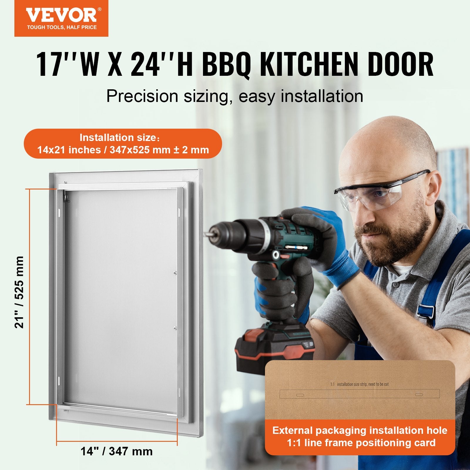 VEVOR BBQ Access Door, 432x610 mm Single Outdoor Kitchen Door, Stainless Steel Flush Mount Door, Wall Vertical Door with Handle, for BBQ Island, Grilling Station, Outside Cabinet