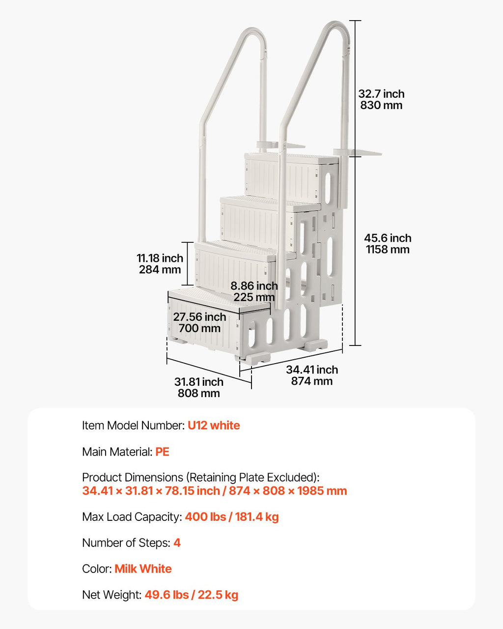 VEVOR 4-Step White Robust Pool Ladder of 2 Handrails for 1219.2-1371.6 mm Pools