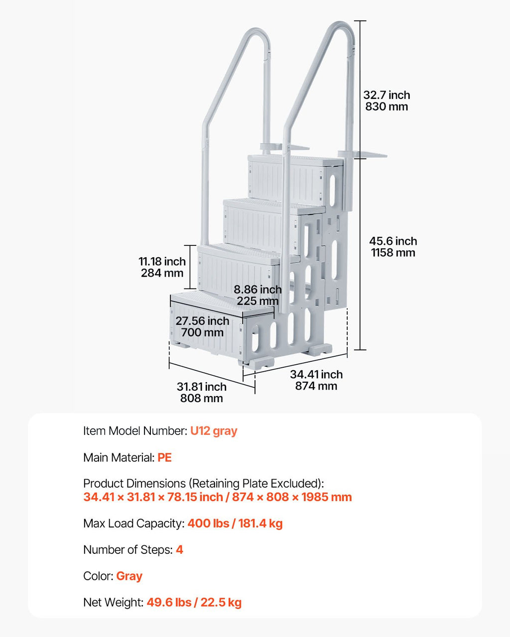 VEVOR 4-Step Grey Robust Pool Ladder of 2 Handrails for 1219.2-1371.6 mm Pools