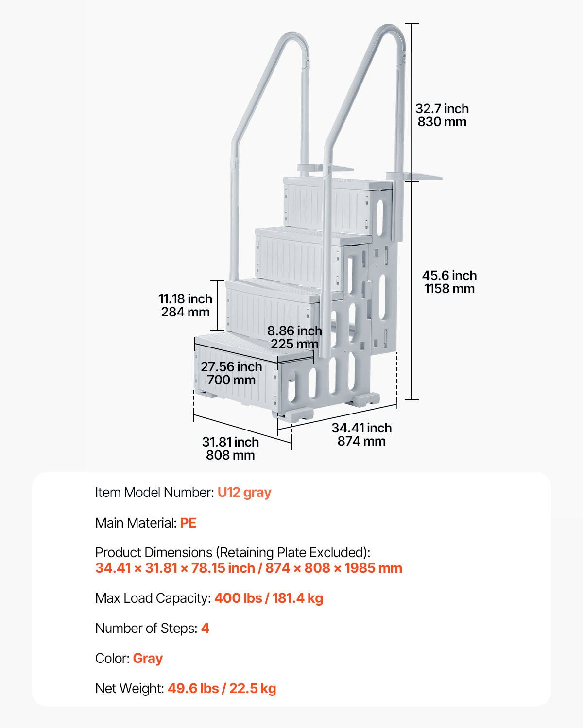 VEVOR 4-Step Grey Robust Pool Ladder of 2 Handrails for 1219.2-1371.6 mm Pools