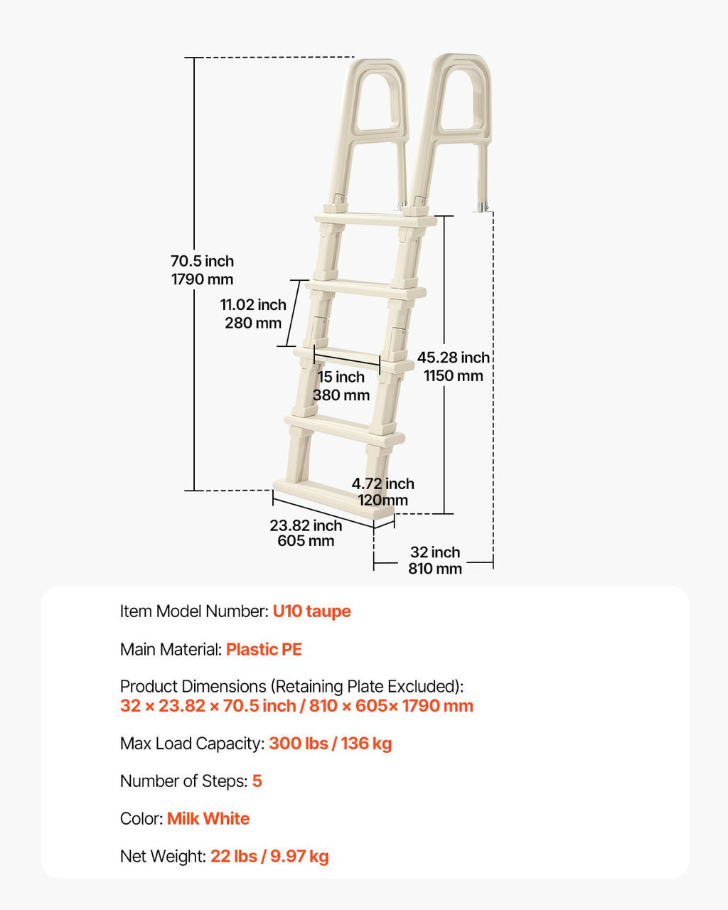 VEVOR 5-Step Inclined Robust Pool Ladder of 2 Handrails for 1219.2-1371.6mm Pool
