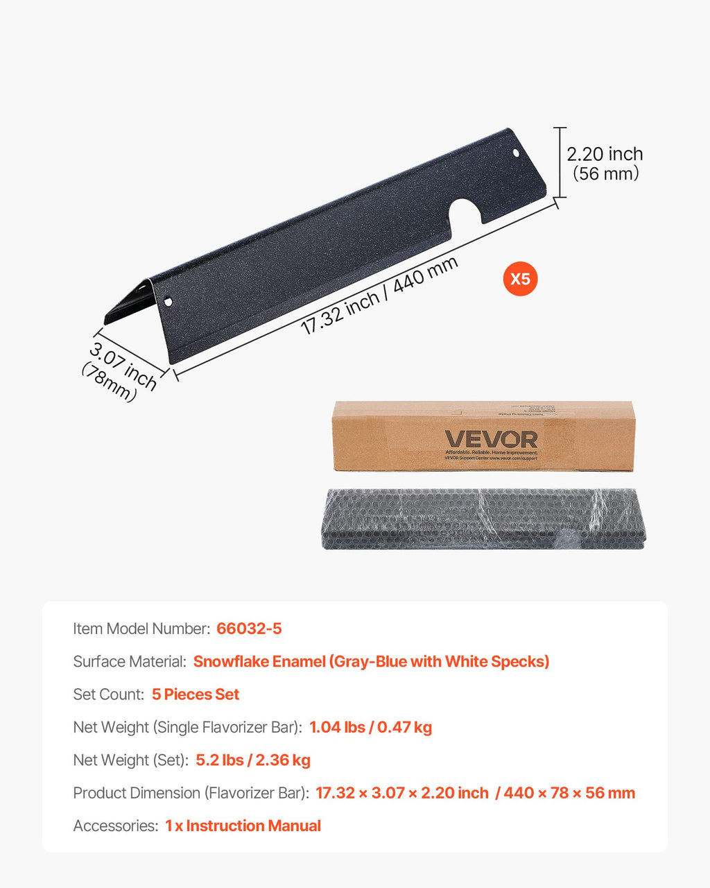 VEVOR Flavorizer Bars, 44cm Grill Replacement Part, for Weber Genesis ll 310 315 335 340, E/S 325s, ES/SX 325s, E/S 335, EX/SX/EPX-335 Grills, Porcelain-enameled Steel Thicker Heat Plate, 5 Pack