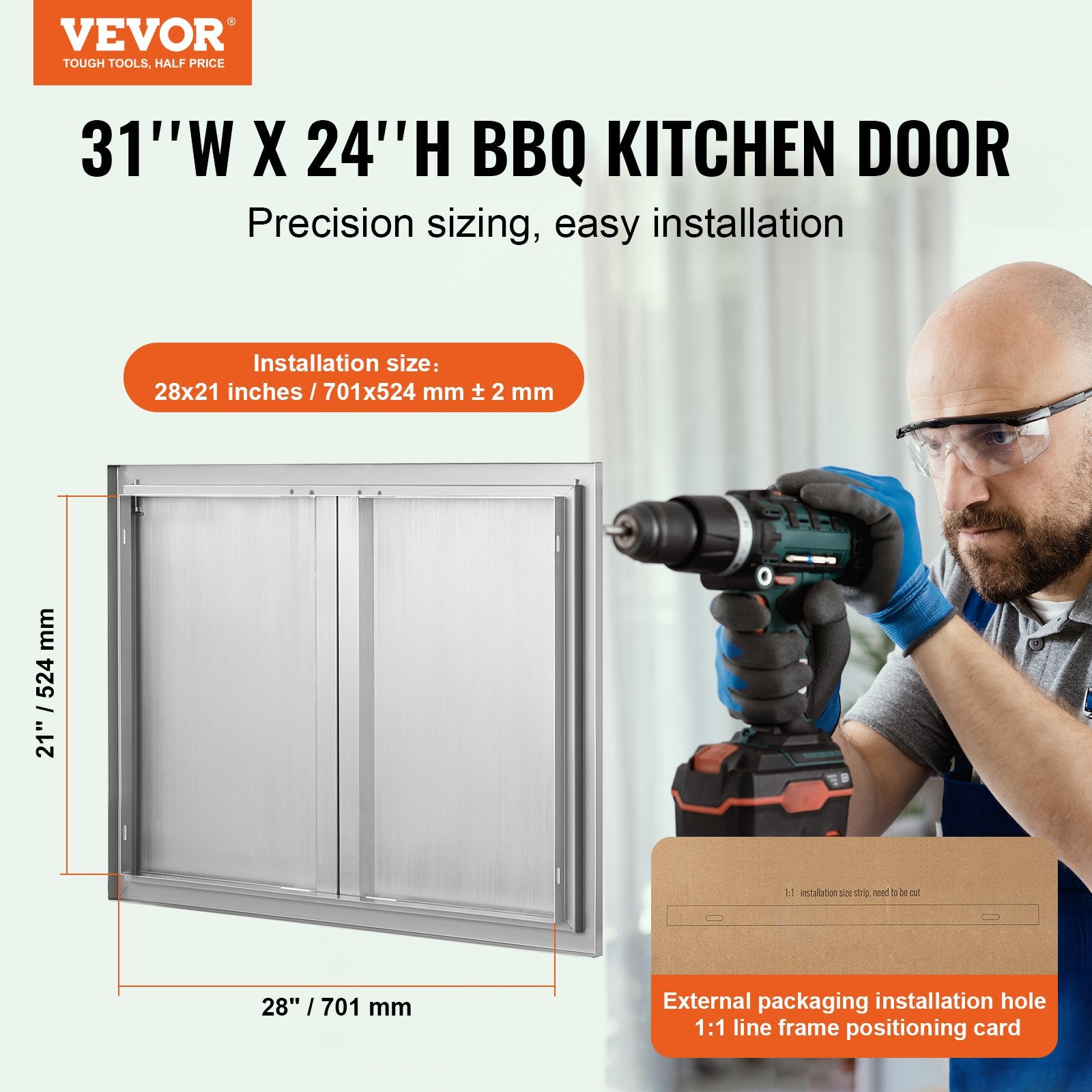 VEVOR BBQ Access Door, 787x609 mm Double Outdoor Kitchen Door, Stainless Steel Flush Mount Door, Wall Vertical Door with Recessed Handles , for BBQ Island, Grilling Station, Outside Cabinet