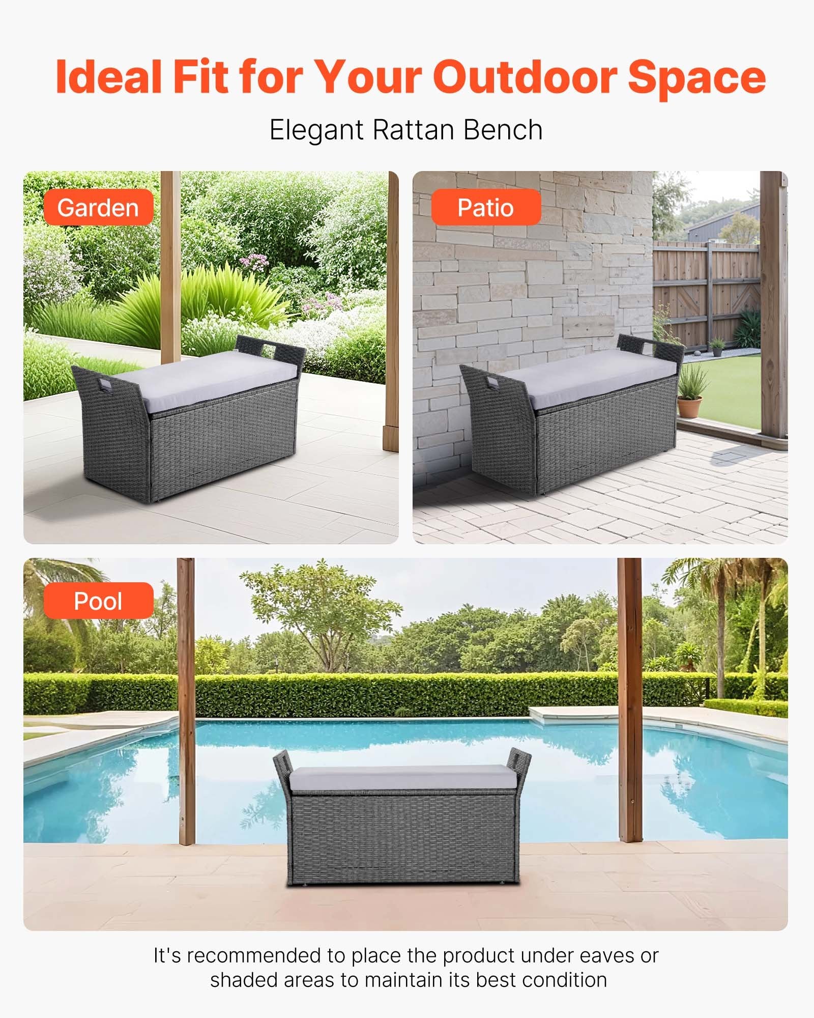 VEVOR Outdoor Storage Bench, 2-Person PE Rattan Storage Bench, 151L Deck Box with Cushion & Side Handle, Supports up to 181kg, Weatherproof Outdoor Seating & Porch Decor for Patio Garden Balcony